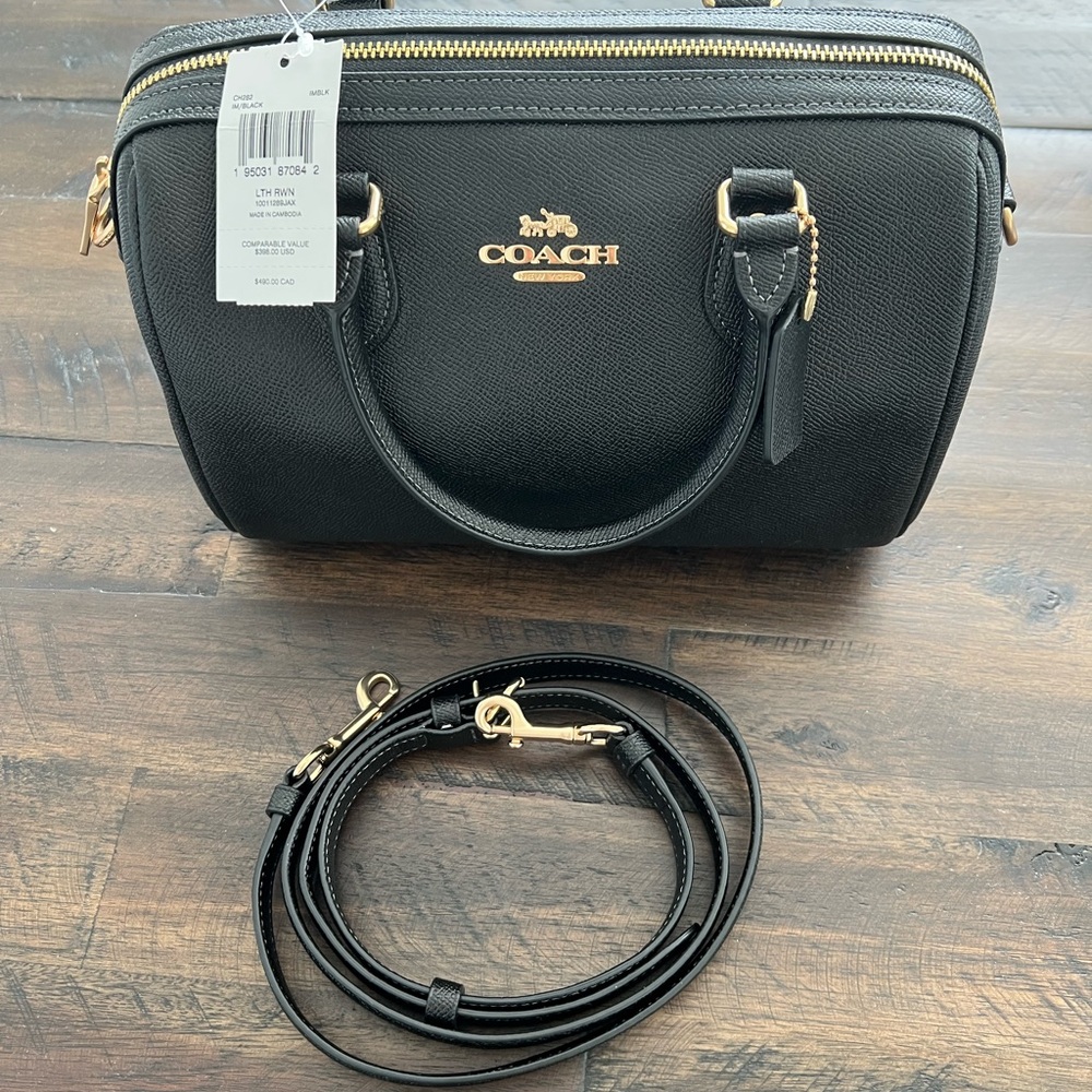 Coach Black Leather Rowan Satchel with Gold Accents